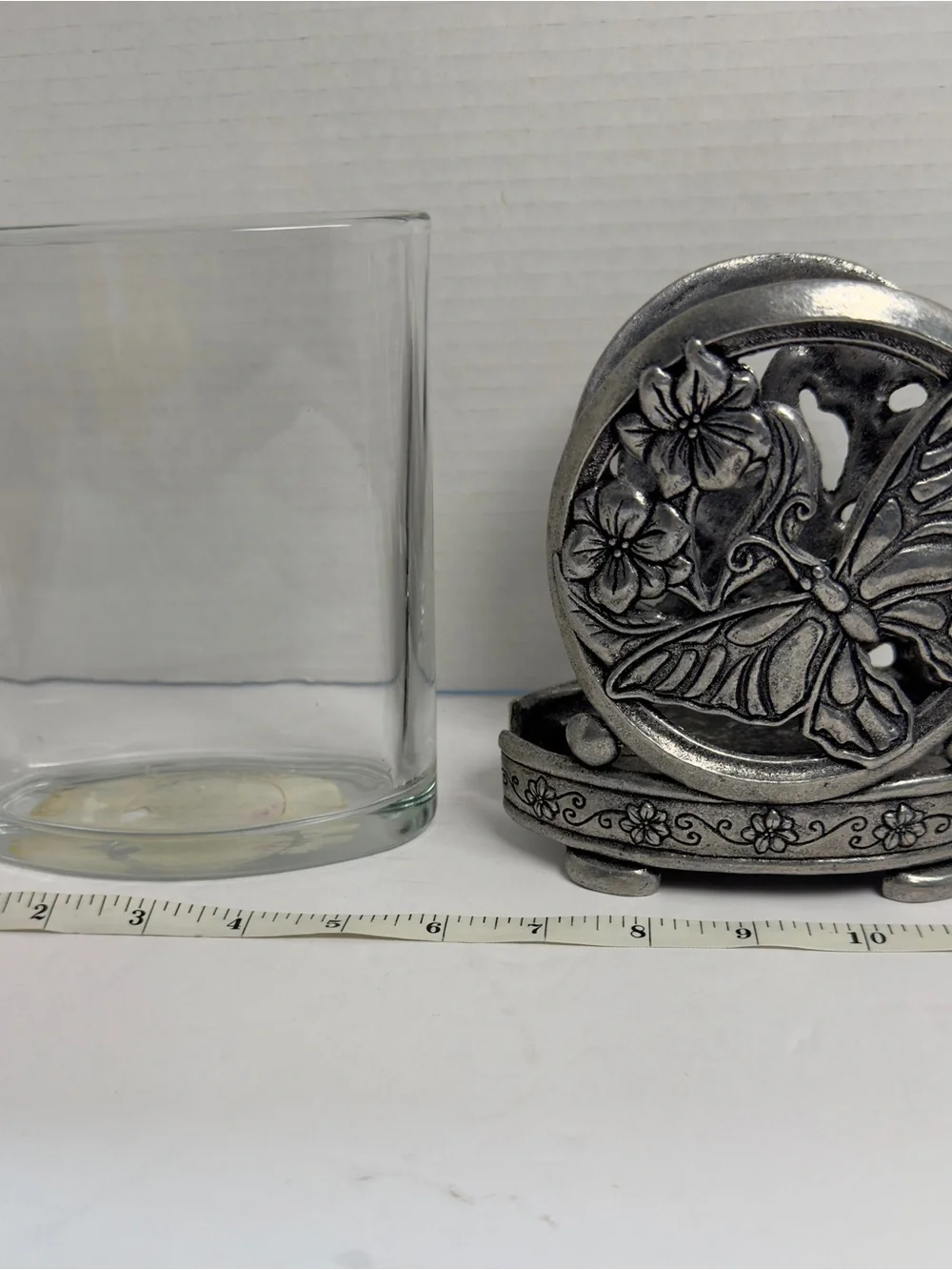 Butterfly Floral Glass Votive Holder - Silver